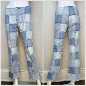 Vintage Y2K Denim Patchwork Blue Jeans, No Boundaries Small, Low Rise Flare Leg
